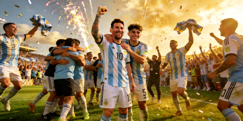 阿根廷国家男子足球队庆祝胜利及队长梅西与年轻球员阿尔瓦雷斯